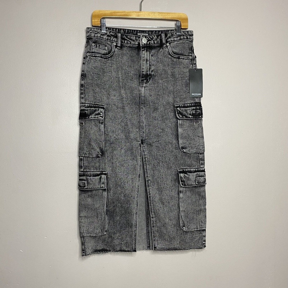 True Religion Vintage Style‎ Charcoal Wash Denim Cargo Midi Skirt Slit Front 27